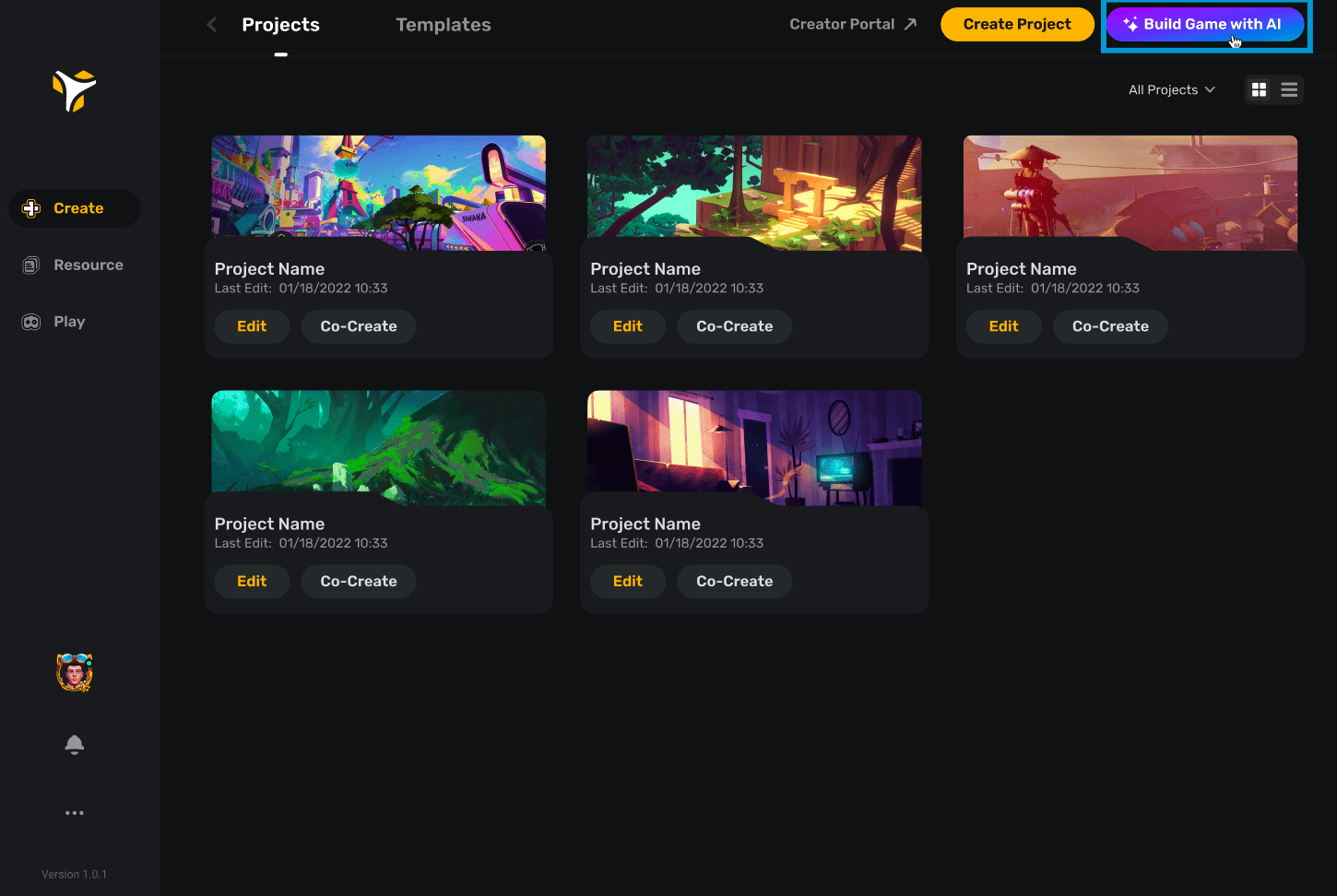 button location when there are projects present